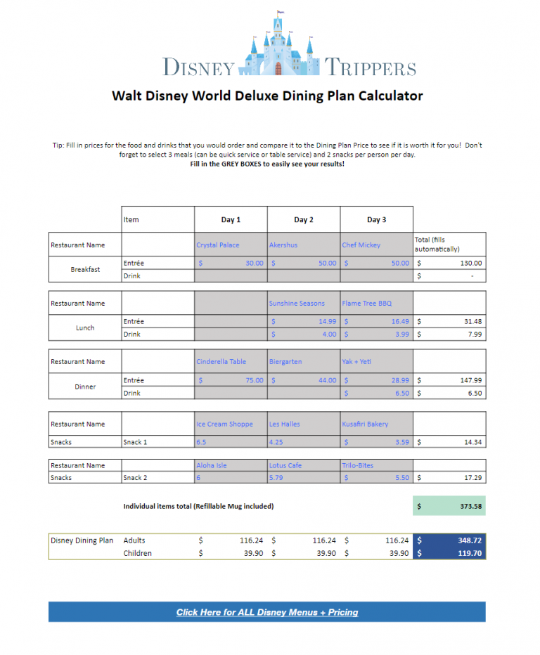 Easy And Free Disney Dining Plan Calculator Disney Trippers
