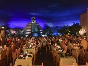 Mayan pyramid with rows of tables Epcot Mexican Restaurants