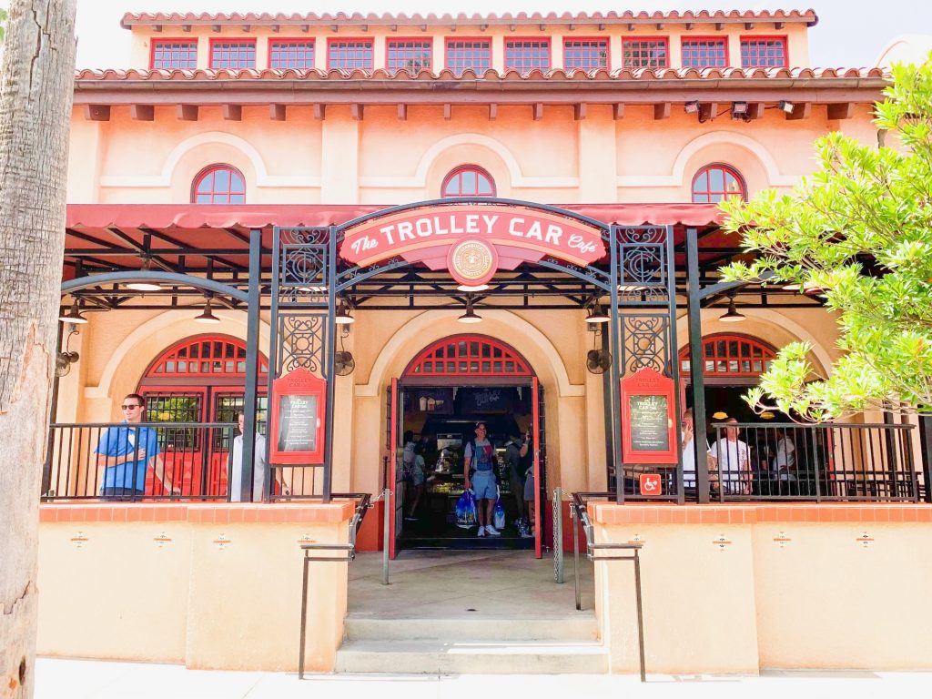 Outside the Trolley Car Cafe, the Starbucks restaurant in Hollywood Studios.