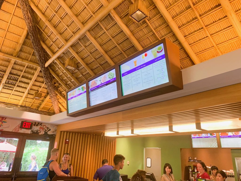 wooden roof and food menu signs epcot quick service katsura grill 