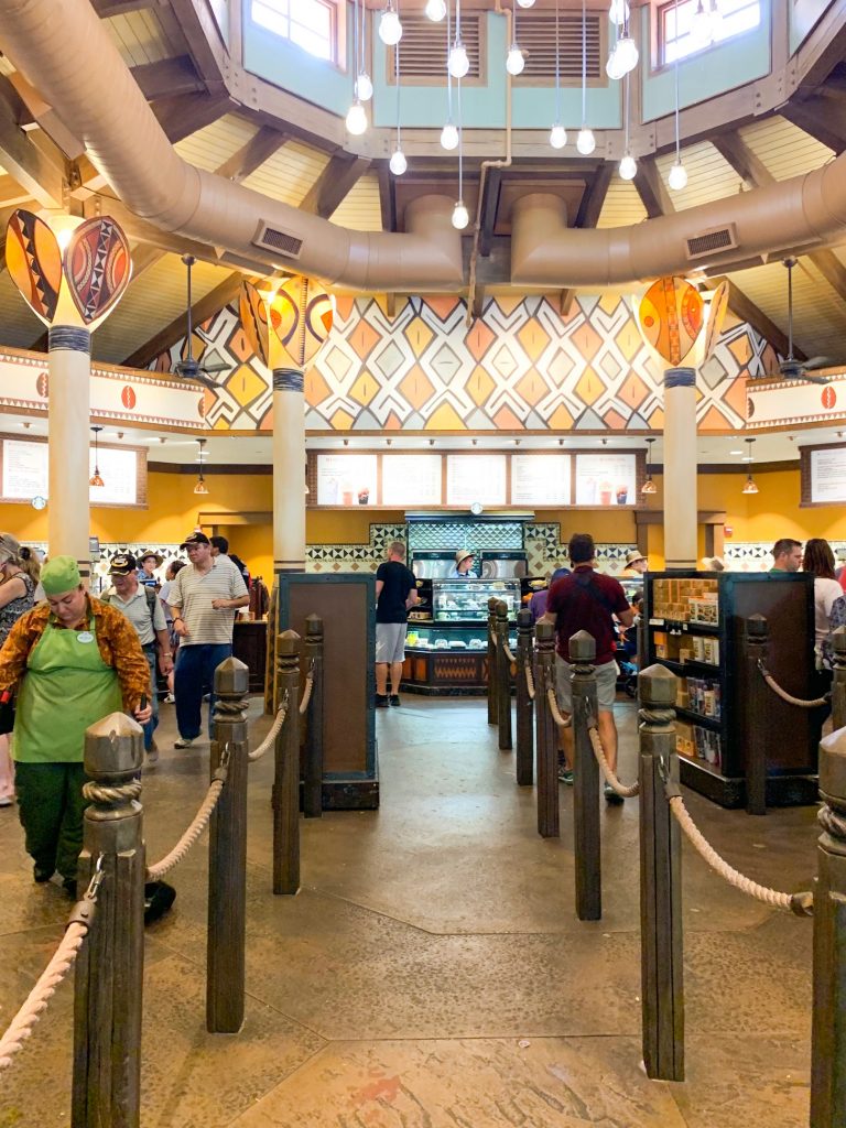 decorative wall and lines at starbucks quick service at animal kingdom