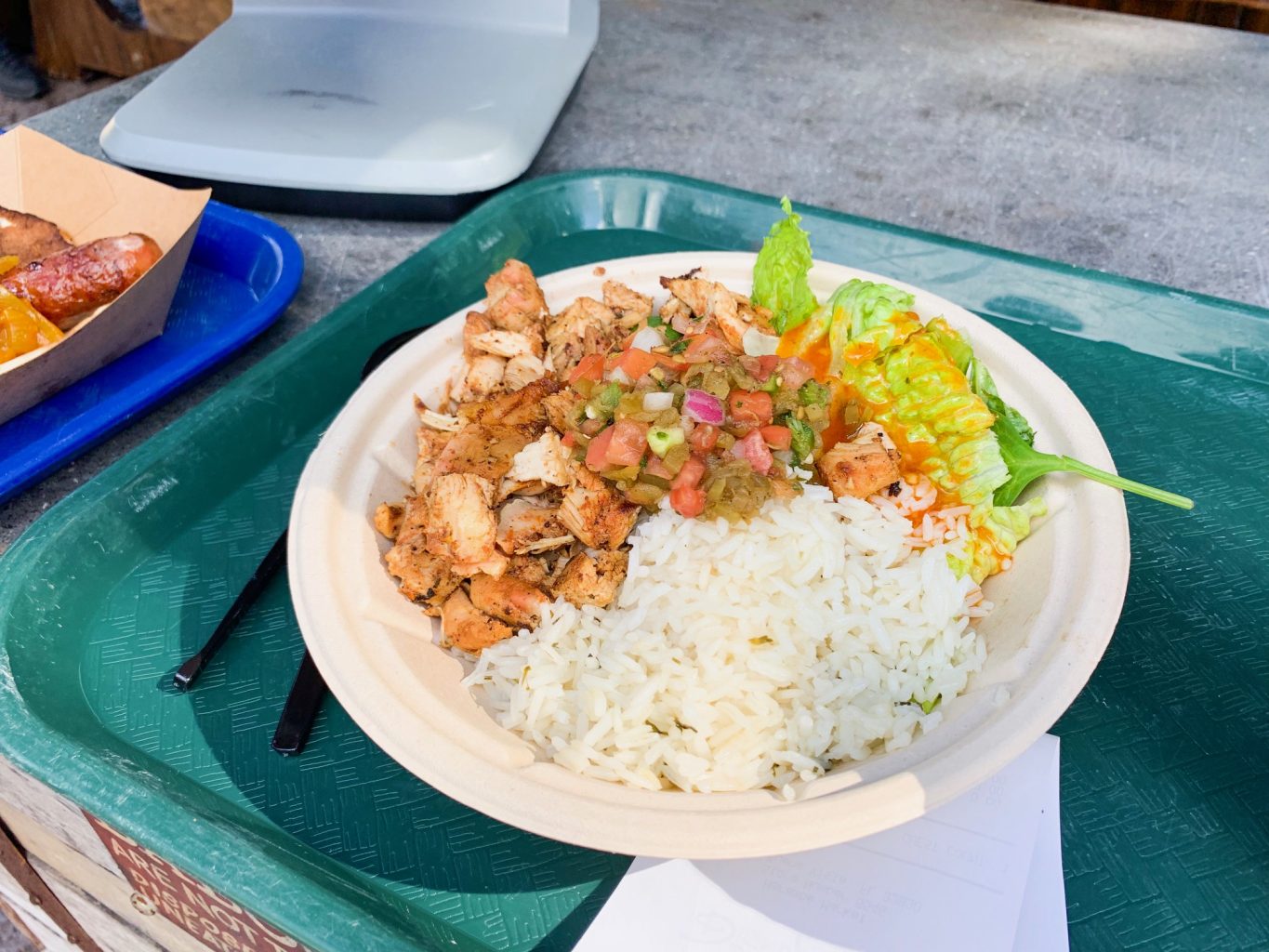 chicken, rice, and salad dish on paper plate