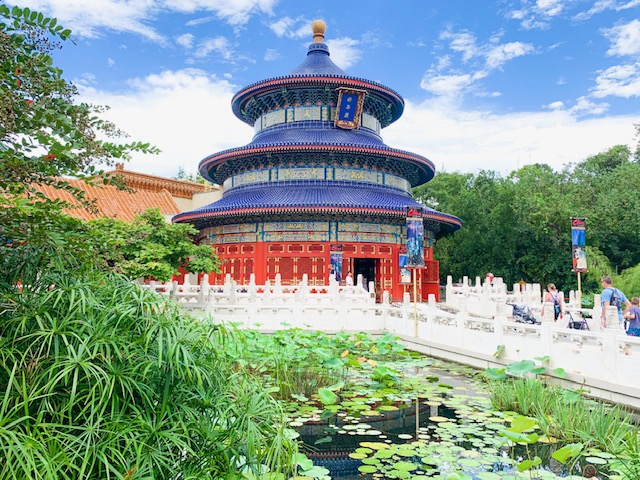 China Pavilion Temple with view over the bridge and water in Epcot World Showcase