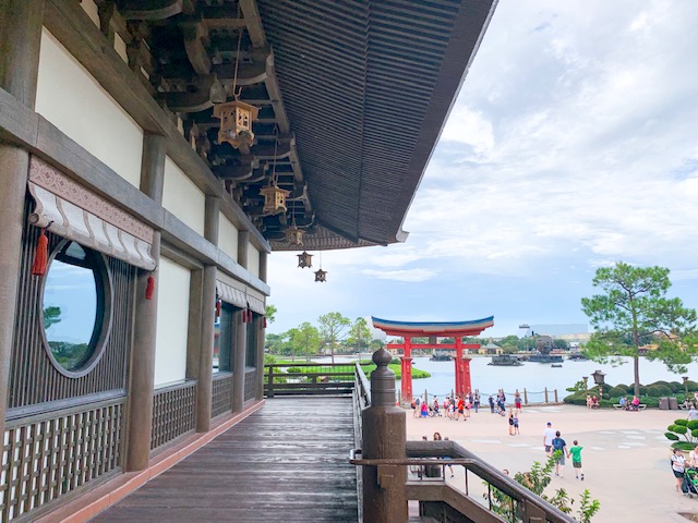 Japan Pavilion in Epcot World Showcase view of Torii and lagoon from restaurant entrance deck