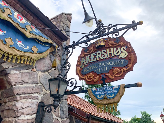 Akershus Sign hung outside restaurant in Norway Pavilion in Epcot World Showcase