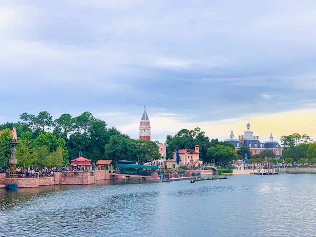 Countries in Epcot from across World Showcase Lagoon showing Germany, Italy, and American Adventure