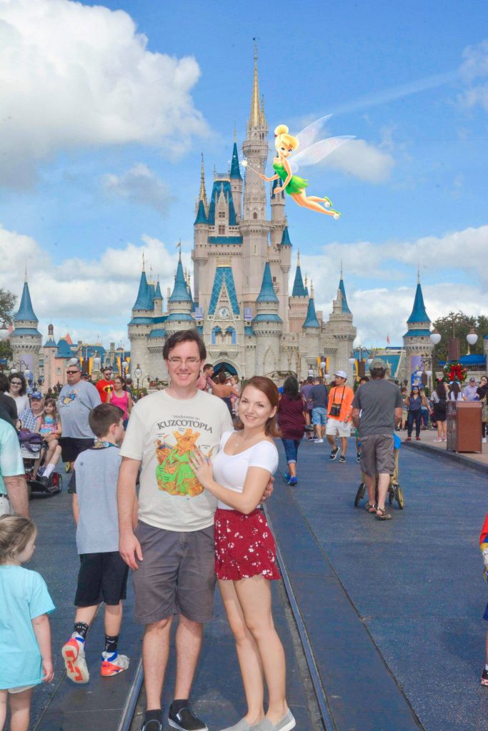 Magic photo with Tinkerbell in front of Cinderella's Castle midday