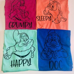 four shirts with grumpy, sleepy, happy, and doc dwarfs