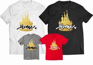 shirts with golden Cinderella's castle and "home" in calligraphy Disney Family Shirts