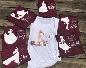 seven shirts with Disney princesses and alcohol puns