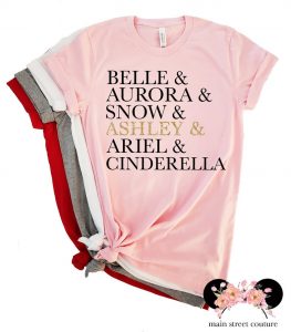 pink T-shirt with six princess names Disney Shirts for Women