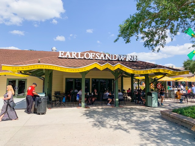 yellow and brown roof and Exterior of Earl of Sandwich restaurant at Disney Springs