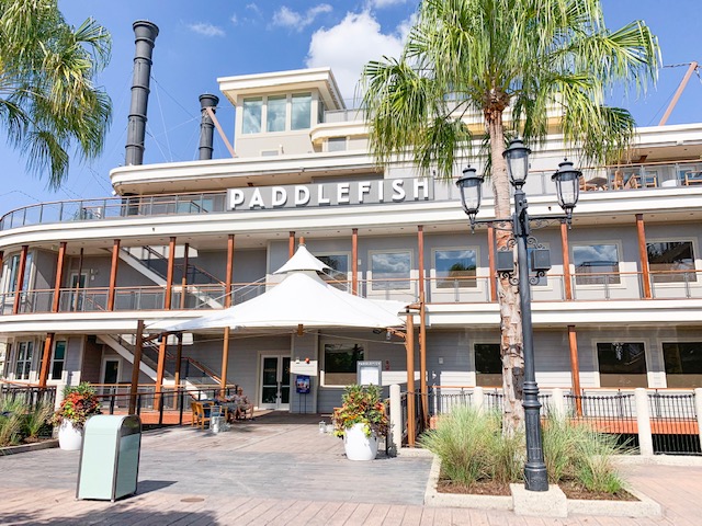 Exterior of Paddlefish at Downtown Disney showing floating river boat restaurant