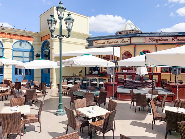 Disney Springs Restaurants Raglan Road exterior patio during a sunny day