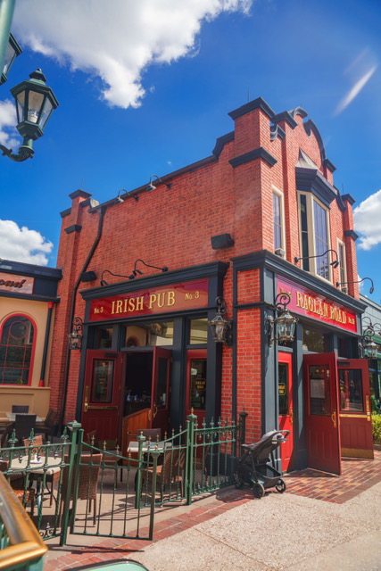 large brick building and sign for Irish pub best restaurants at Disney Springs