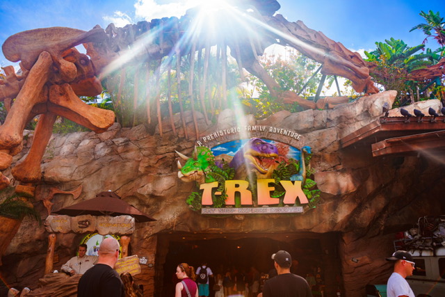 dinosaur bones and sign for t-rex best restaurants at Disney Springs