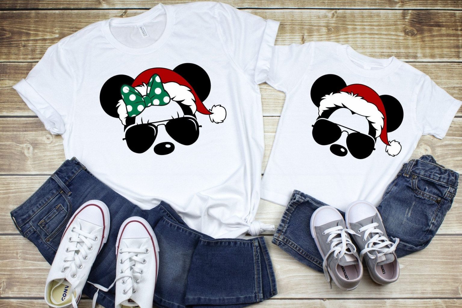 Too Cool Mickey And Minnie Mouse Shirts For The Holidays on brown wood background