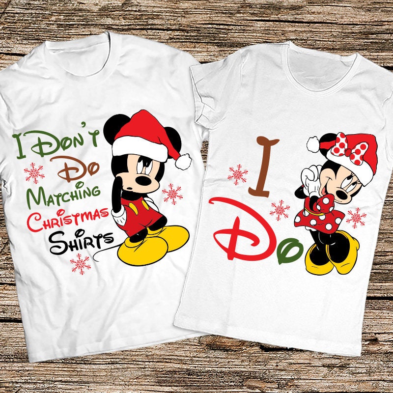 I don't do matching Disney christmas shirts design on a wooden background