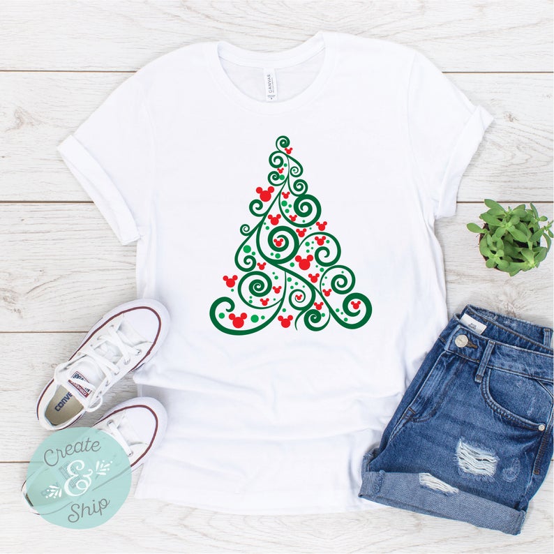 Swirly tree festive Disney christmas shirts for Women and girls with jeans and converse on a white background