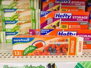 shelf full of Hefty snack and sandwich plastic bags
