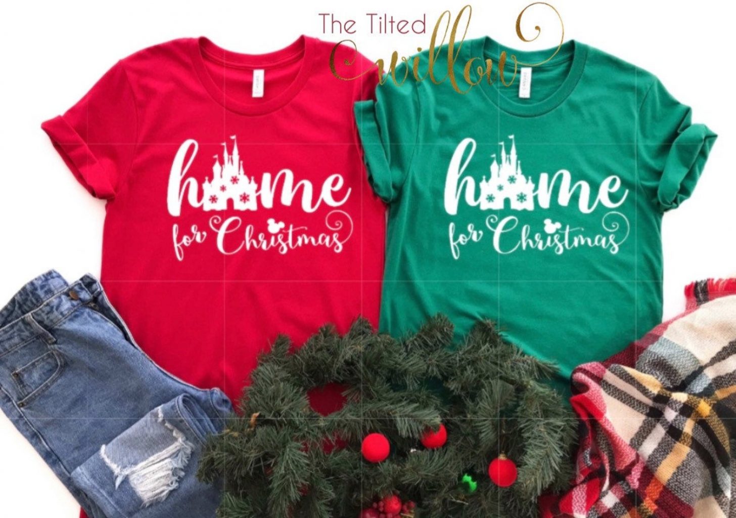 red and green disney christmas shirts on white background