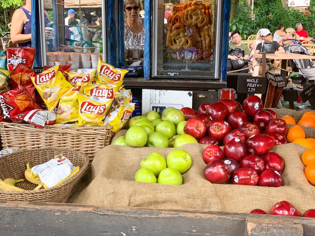fresh fruit and chips in burlap display at Animal Kingdom quick service
