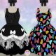 two dresses, one black and white dress, and one dress covered in colorful bows Disney dresses for women