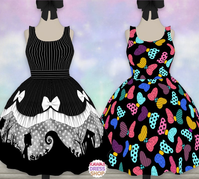 two dresses, one black and white dress, and one dress covered in colorful bows Disney dresses for women