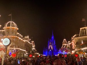 Cinderella's Castle and street in front lit up at night Disney secrets