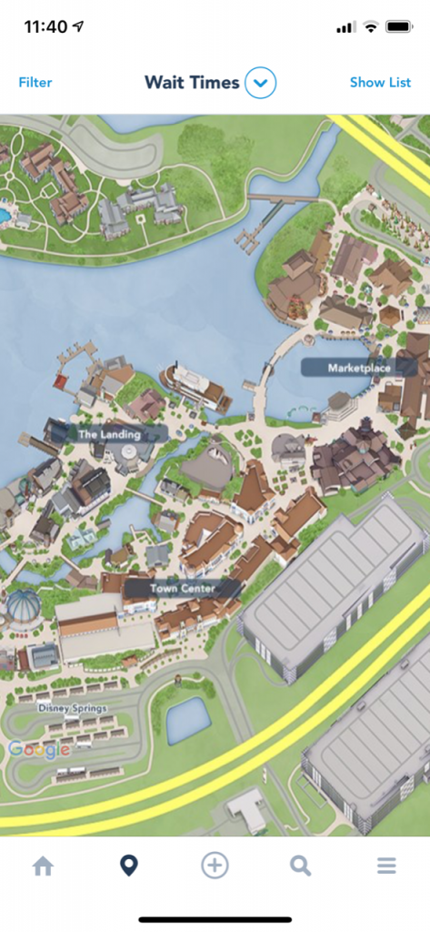 overview map of Disney Springs from My Disney Experience App