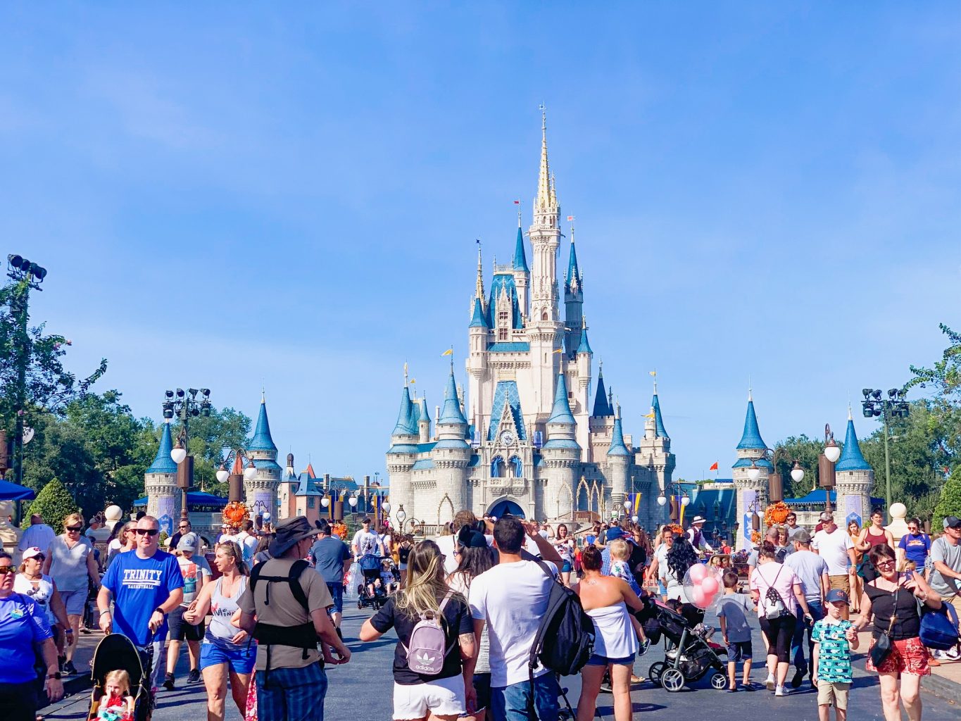 Blue sunny sky at Magic Kingdom and Cinderella Castle