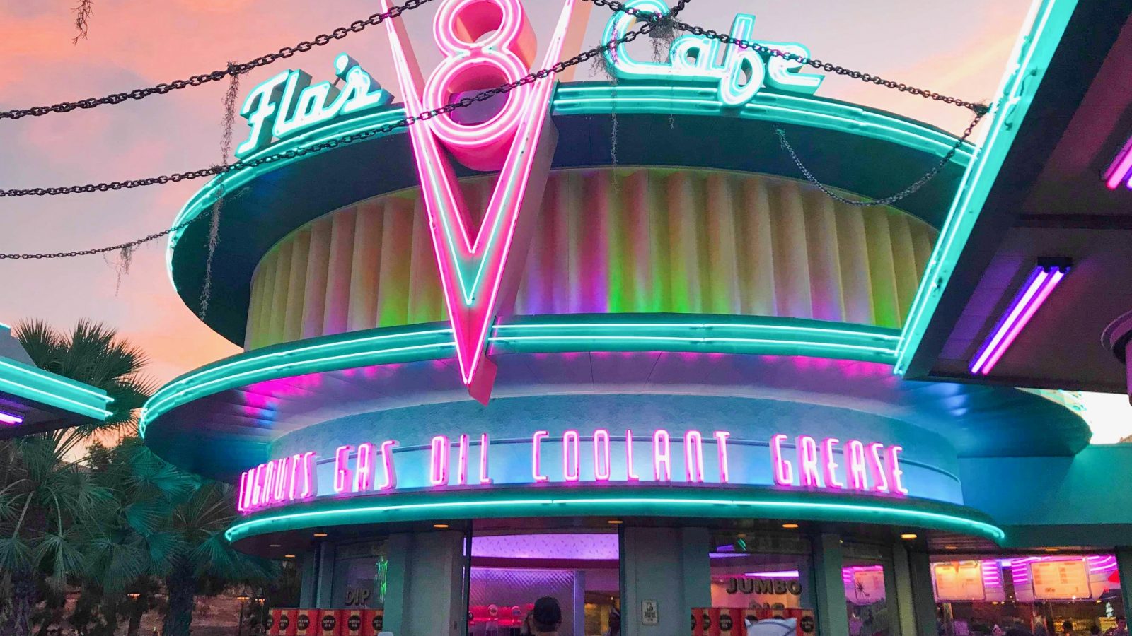Flo's V8 Cafe, a neon fantastic restaurant in Disneyland California Adventure