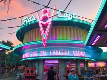 Flo's V8 Cafe, a neon fantastic restaurant in Disneyland California Adventure