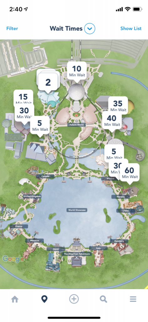 Full map of Epcot on My Disney Experience App showing wait times