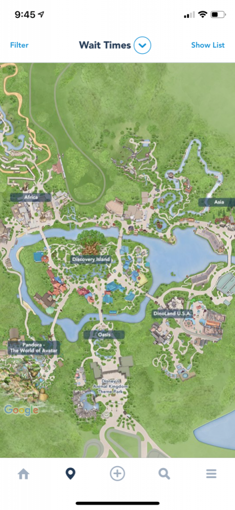 Animal Kingdom Map showcasing the different lands on My Disney Experience