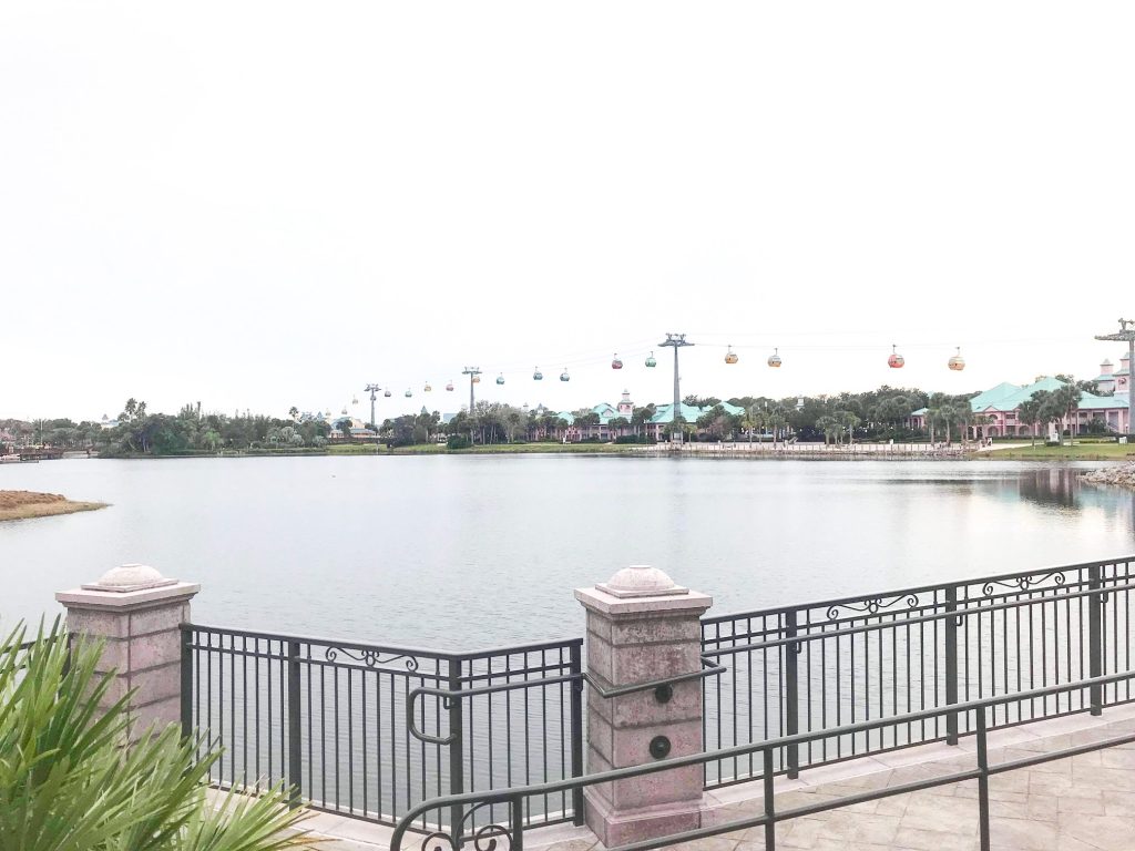 view of skyliner across water disney moderate resorts