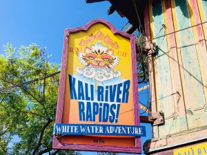 bright yellow, orange, and blue sign with Tiger for Kali River Rapids Animal Kingdom rides
