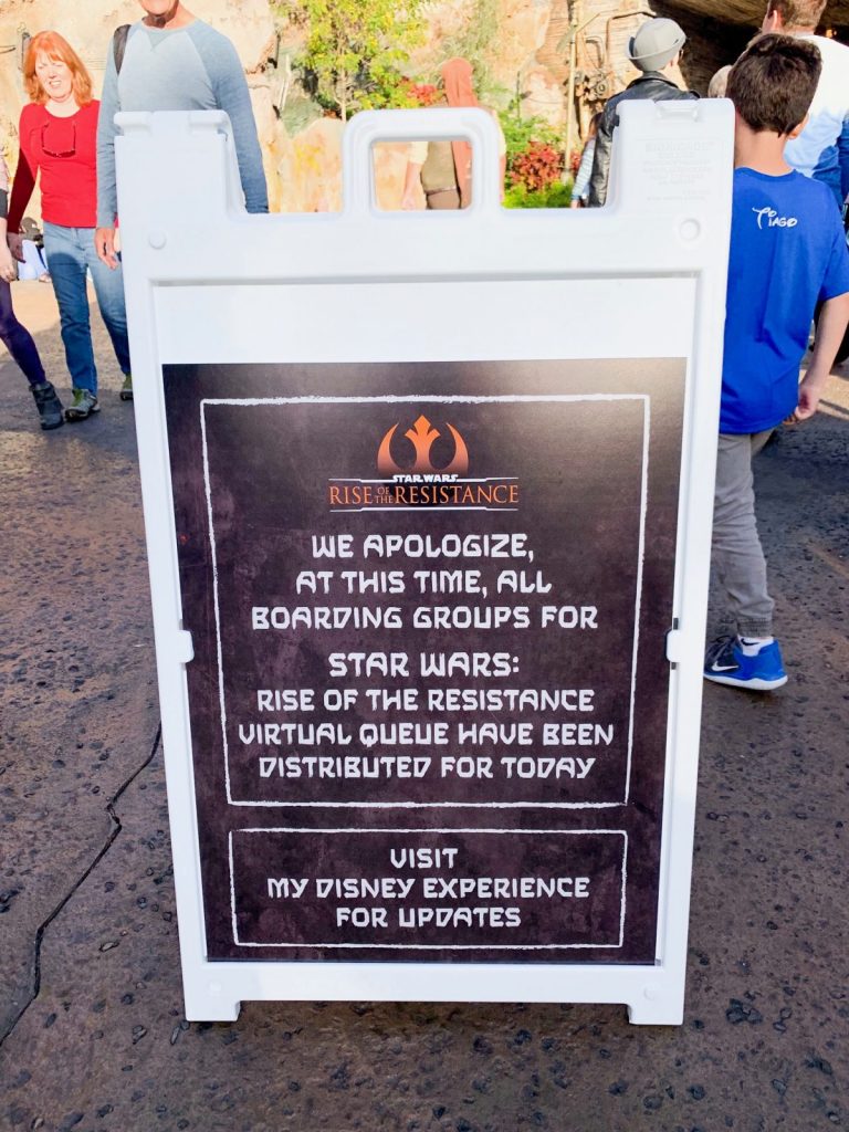 sold out sign at Rise Of The Resistance at Star Wars Land