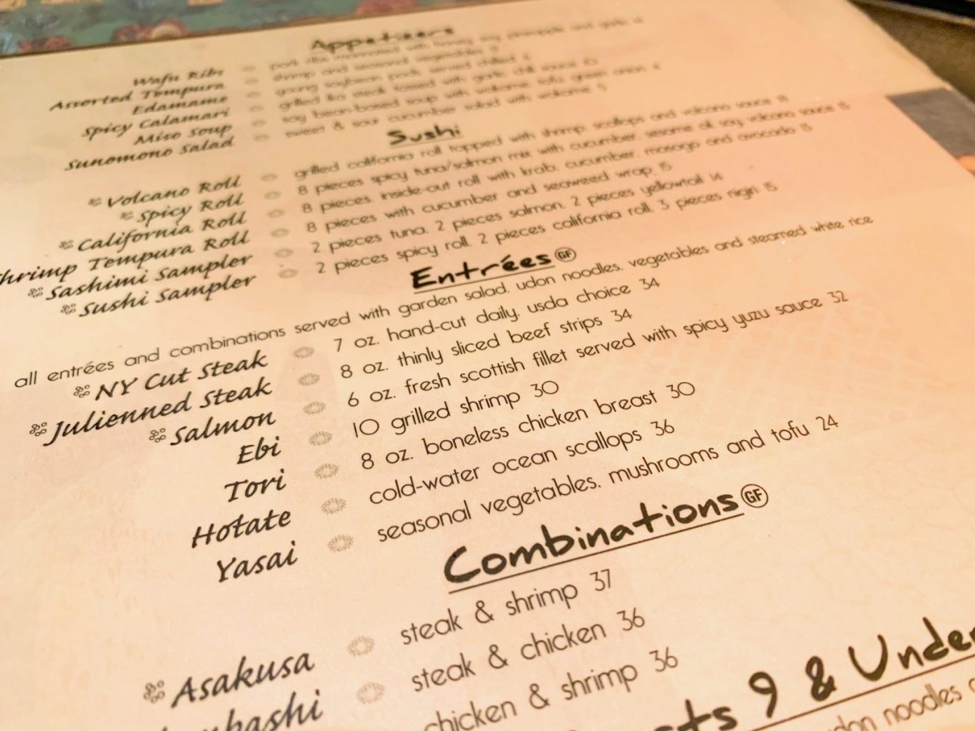 menu options at Teppan Edo hibachi restaurant 