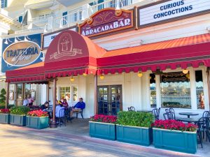 patio with cloth red roofing for AbracadaBar Disney Boardwalk