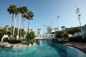 pool area with windmill and palm trees