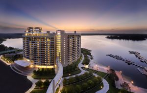 rounded hotel tower at sunset Disney deluxe resorts