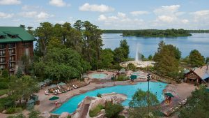 pool surrounded by trees and a lake