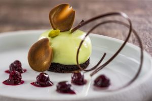pistachio, chocolate, and cherry dessert