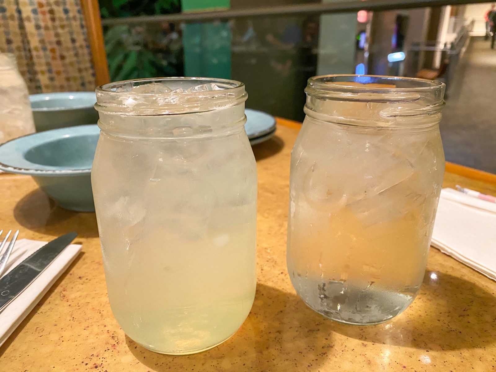 close up of lemonade and water in mason jars from Garden Grill