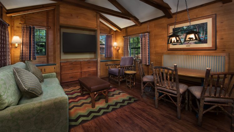 A photo of the interior of one of the Cabins at Fort Wilderness: these private cabins make Disney with Toddlers easier because of the size and privacy. 