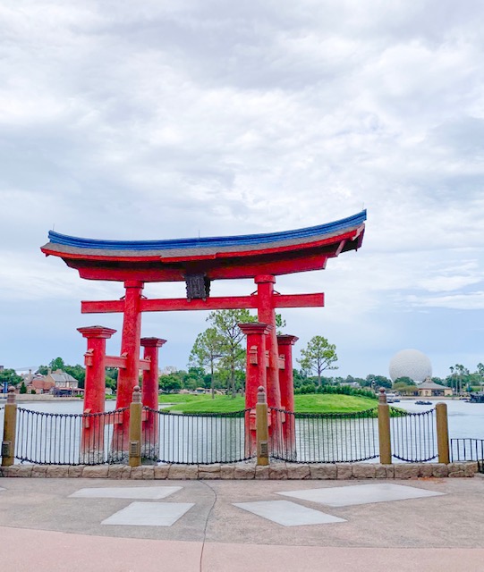 A great photo spot is in front of the Torii in Japan, Epcot. Spaceship Earth is behind it, across the lake, which makes it a wonderful spot for photos when at Disney with toddlers.