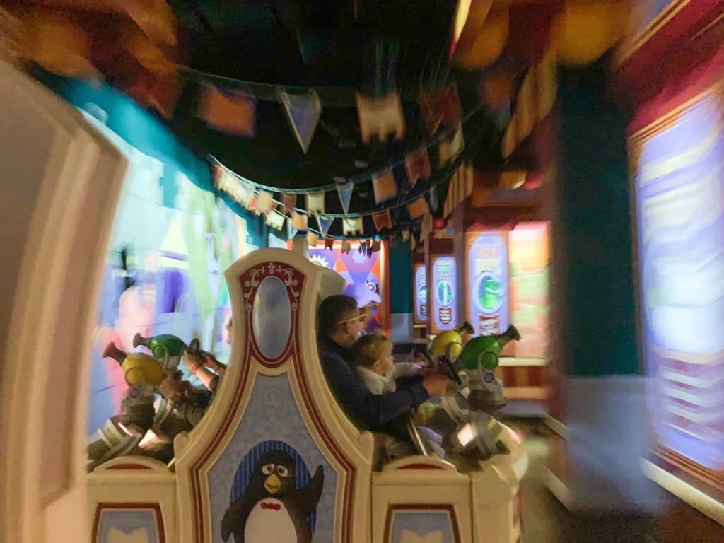 A photo of the fun ride, Toy Story Mania, which features things like Ride Swap, making Disney with toddlers easier!