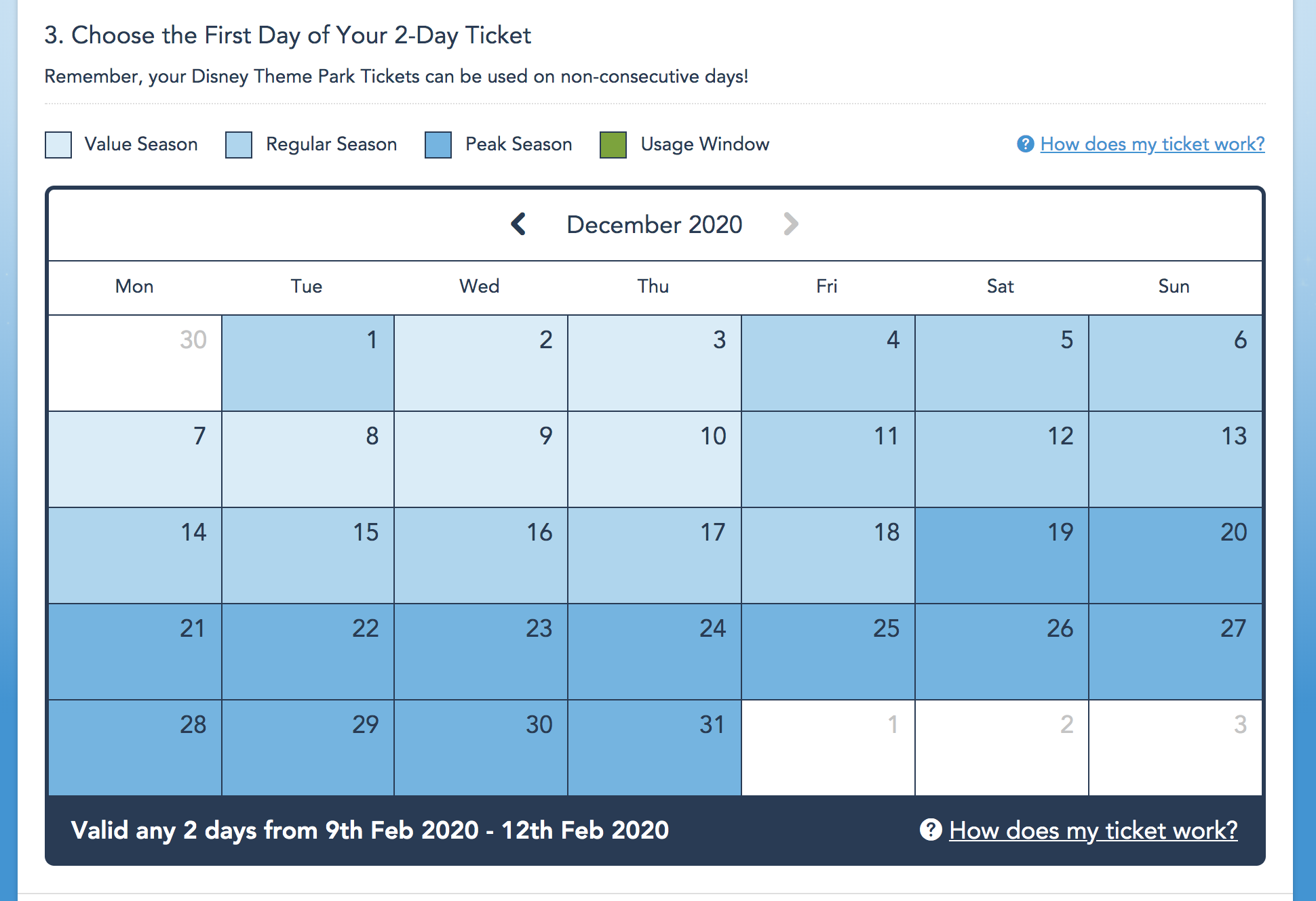 Screen shot of Disney World's peak season calendar to figure out the Cheapest Time to go To Disney World
