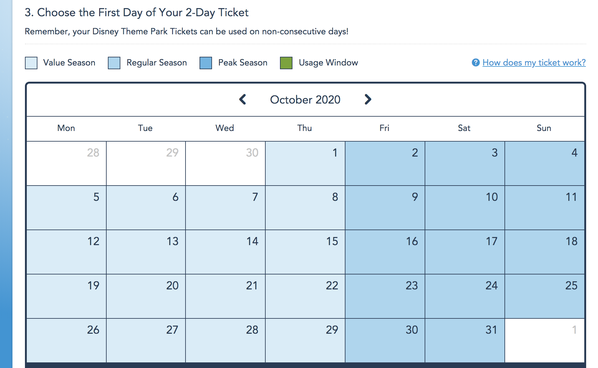 Screen shot of Disney World value season calendar days to figure out Cheapest Time to go To Disney World